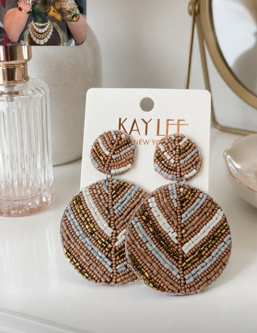 Kay Lee Taupe Gray Metallic Round Beaded Earrings New